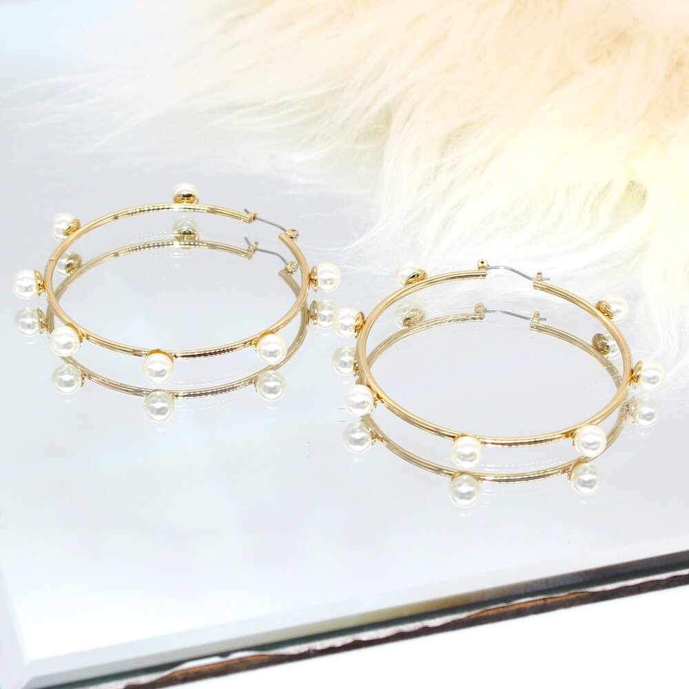 NWT Nicole Miller Faux Pearl Gold-tone Hoop Earrings
